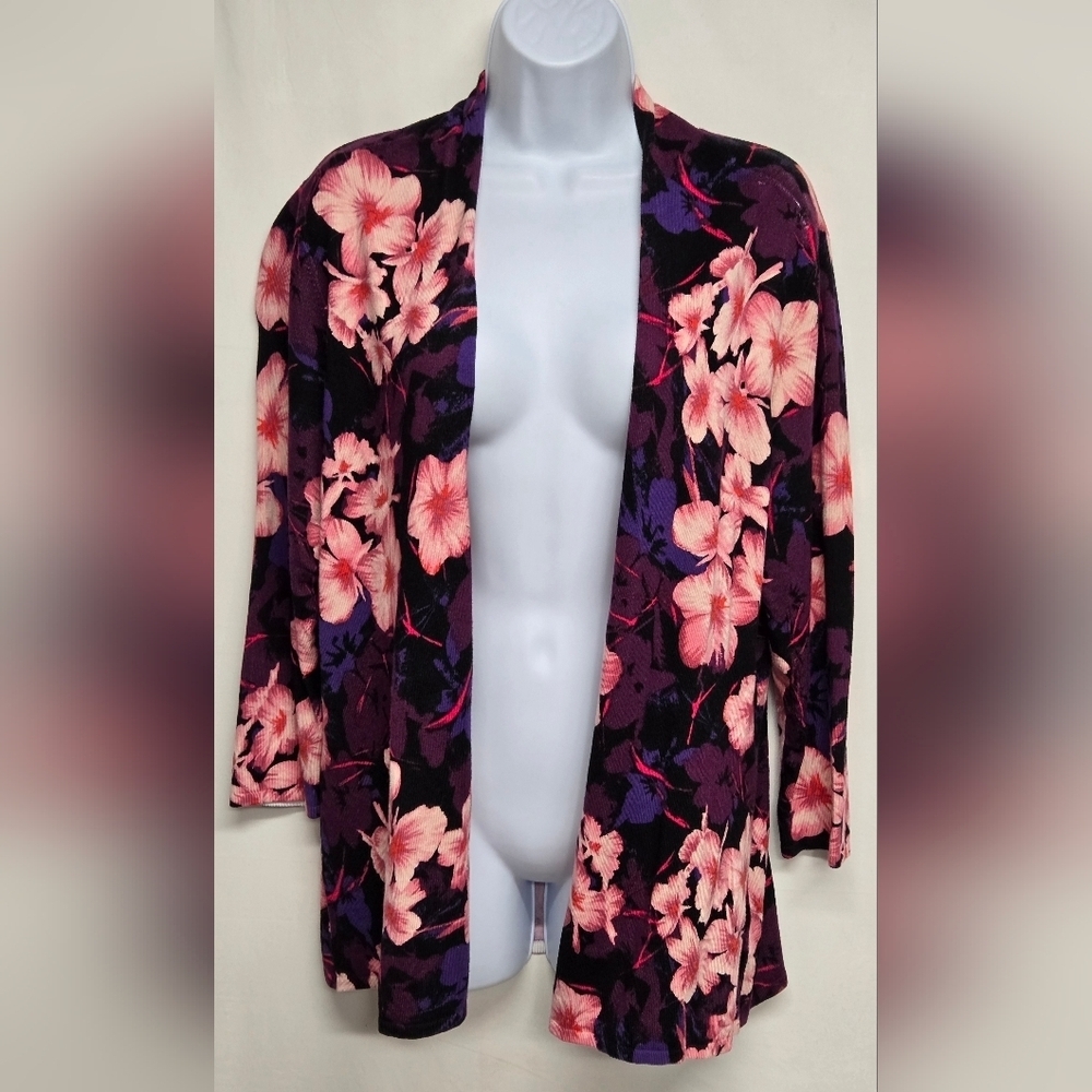 Dressbarn Db XL Open Front Cardigan Sweater Longer Length Floral 3/4 Sleeve